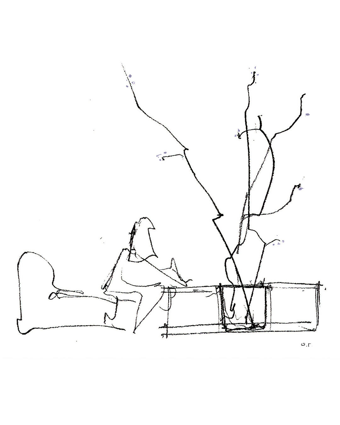 Black and white sketch of a woman sitting at coffee table